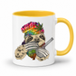 A white ceramic coffee mug with a yellow handle and yellow interior, featuring a colorful graphic of a sloth wearing a rainbow-striped beanie with a marijuana leaf and holding a bong & Baggy. Grab your mug from Coffee and Moo NZ.