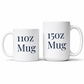 Two white ceramic mugs shown side by side on a light gray background, one labeled '110Z Mug' and the other '150Z Mug' in dark blue serif text.