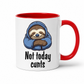 A white ceramic coffee mug with a red interior and red handle, featuring a cartoon sloth in a blue hoodie and the text 'Not today cunts' printed on the front.  from Coffee and Moo.