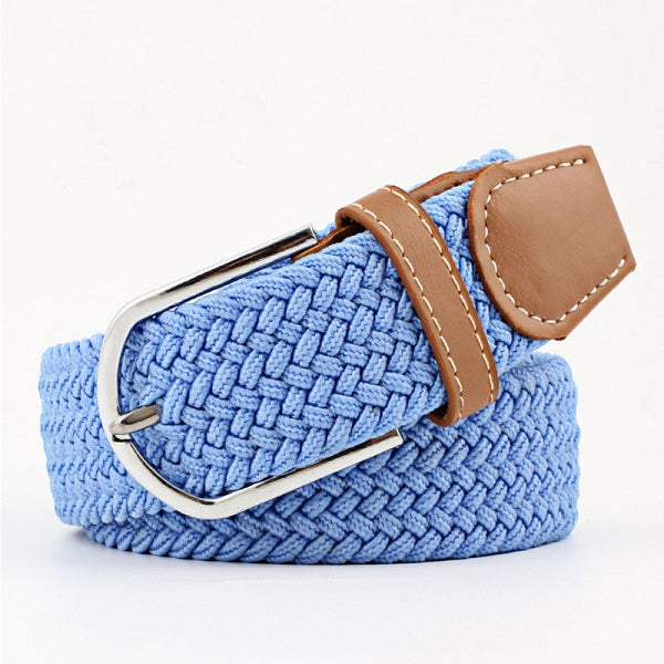ocean blue woven belt with a brown faux leather trim and silver buckle on a white background. Purchase from Coffee and Moo