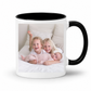 A white ceramic mug with a black interior and black handle, featuring a printed custom photo of three children on the front, set against a plain white background. Grab your custom photo mug from Coffee and Moo NZ.