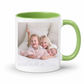 A white ceramic mug with a bright green interior and handle, featuring a printed custom photo of three children on the front, set against a plain white background. Grab your custom photo mug from Coffee and Moo NZ.