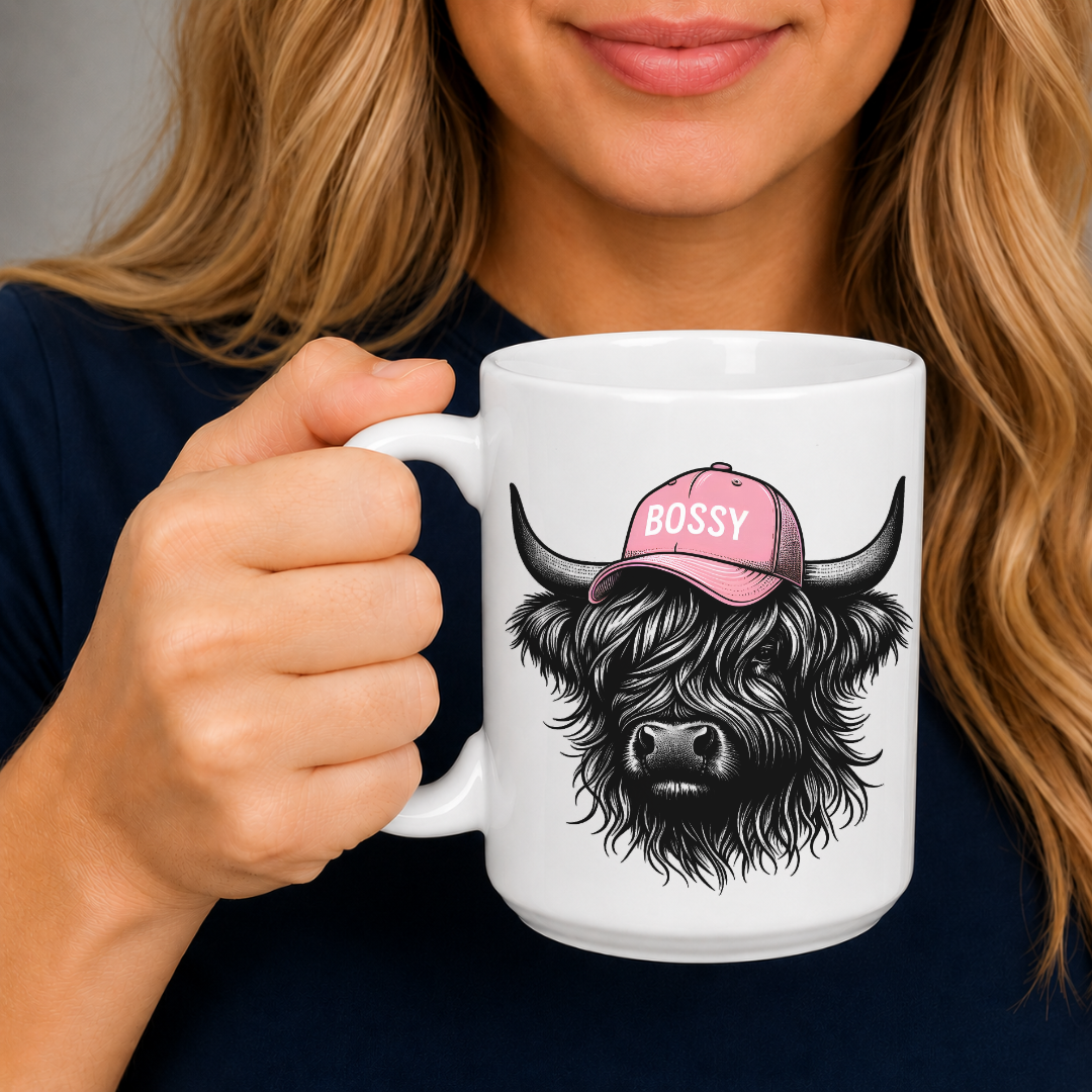 Lady holding a Bossy Highland Cow Pink Cap Cheeky Mug showing a shaggy black cow wearing a pink Bossy cap, grab your mug from Coffee and Moo NZ.