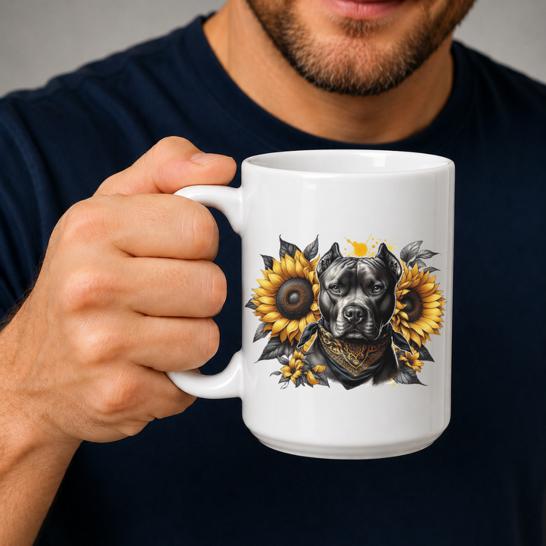 A person holding a white ceramic mug with a graphic print of a black pitbull dog surrounded by yellow sunflowers. against a dark navy shirt background. Grab your mug from Coffee and Moo NZ.