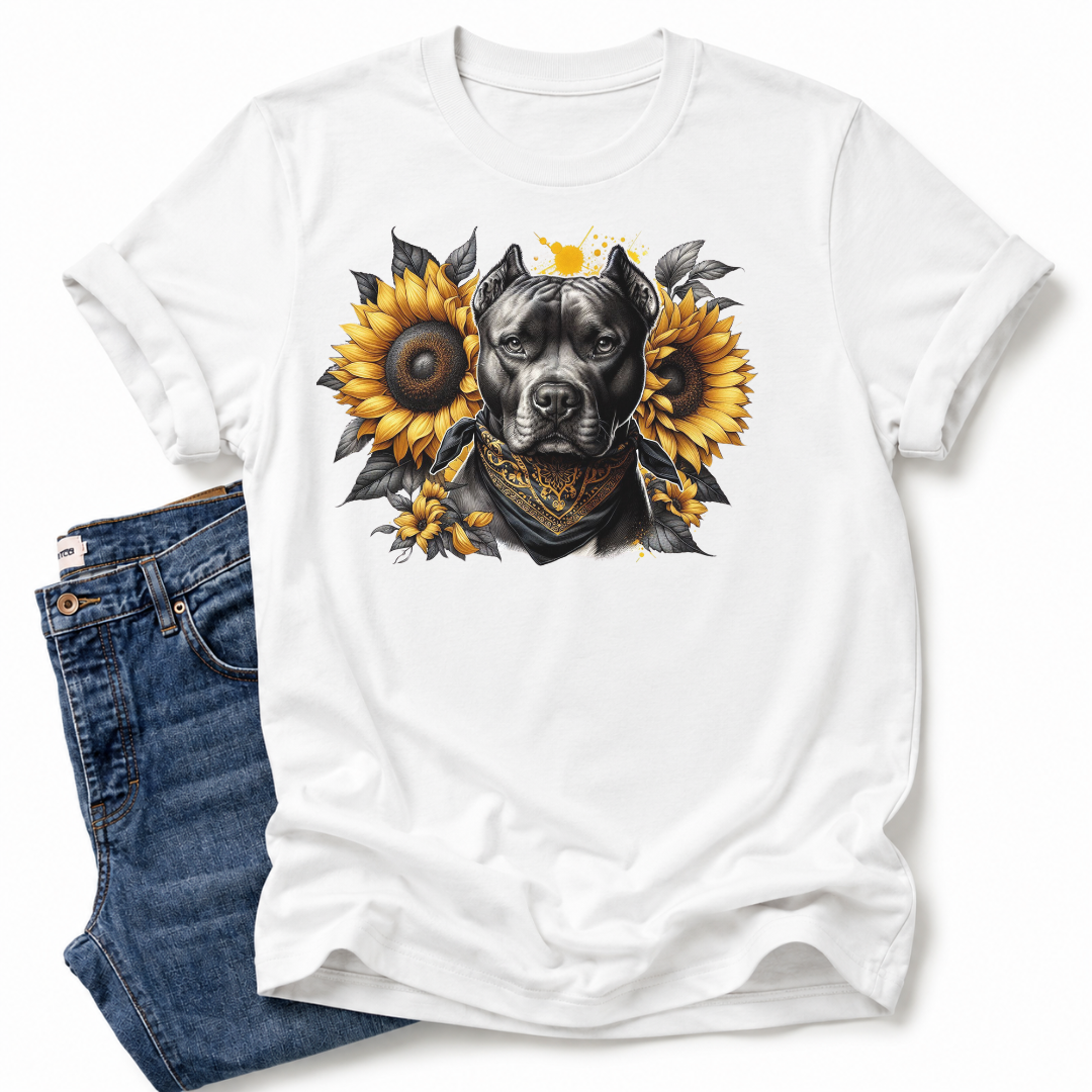 A white short-sleeve crewneck t-shirt featuring a graphic print of a black pitbull dog surrounded by yellow sunflowers and a gold bandana. The t-shirt is styled flat-lay with a pair of blue jeans on a clean white background. Grab your tee from coffee and moo NZ. 