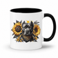 A white ceramic mug with a black interior and black handle, featuring a graphic print of a black pitbull-type dog wearing a gold bandana, surrounded by yellow sunflowers and dark leaves. Grab your mug from Coffee and Moo NZ.
