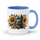 A white ceramic mug with a blue interior and handle, featuring a graphic print of a black pitbull dog surrounded by yellow sunflowers and a black & gold bandana. Grab your mug from Coffee and Moo NZ.