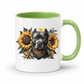 A white ceramic mug with a light green interior and handle, featuring a graphic print of a black pitbull dog wearing a black & gold bandana, surrounded by yellow sunflowers and dark leaves. Grab your mug from Coffee and Moo NZ.