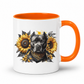 A white ceramic coffee mug with a bright orange handle and interior, featuring a graphic print of a black pitbull dog wearing a black & gold bandana, surrounded by yellow sunflowers and dark leaves. Grab your mug from Coffee and Moo NZ.