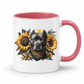 A white ceramic mug with a pink interior and handle, featuring a graphic print of a black pitbull dog wearing a gold bandana, surrounded by yellow sunflowers and dark leaves. Grab your mug from Coffee and Moo NZ.