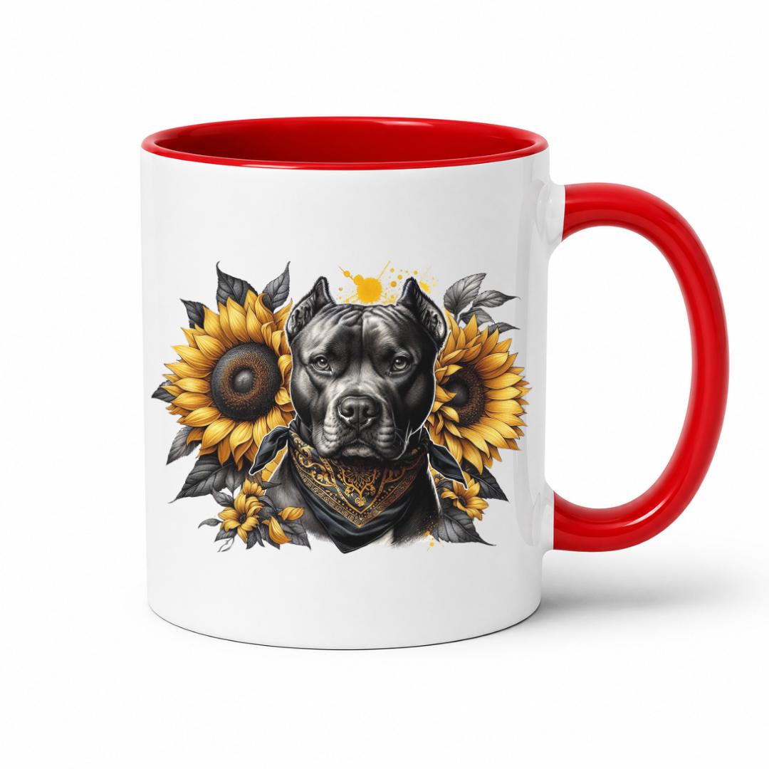 A white ceramic mug with a red interior and red handle, featuring a graphic print of a black pitbull dog wearing a bandana and surrounded by yellow sunflowers on the front. Grab your mug from Coffee and Moo NZ.