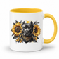 A white ceramic mug with a yellow interior and handle, featuring a graphic print of a black pitbull dog wearing a bandana, surrounded by yellow sunflowers and dark leaves. Grab your mug from Coffee and Moo NZ.
