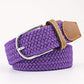 purple woven belt with a brown faux leather trim and silver buckle on a white background. Purchase from Coffee and Moo