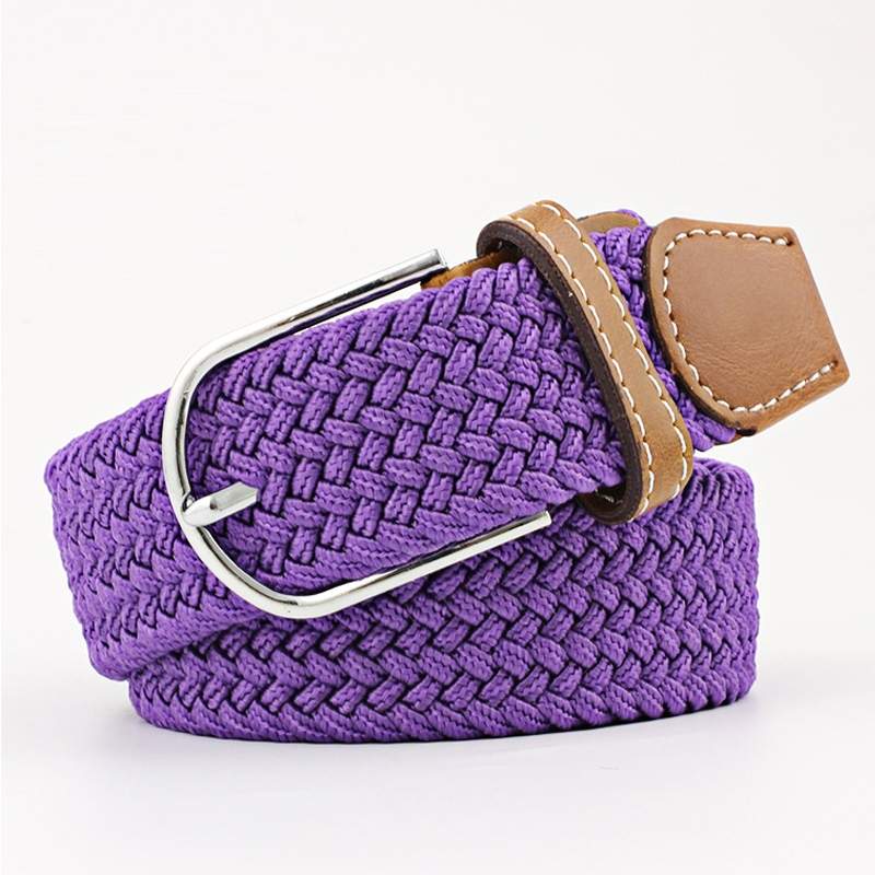 purple woven belt with a brown faux leather trim and silver buckle on a white background. Purchase from Coffee and Moo