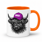 A white ceramic mug with a bright orange handle and interior, featuring a graphic of a black and white highland cow wearing a purple cap with the word 'BOSSY' in white. Grab your bossy highland coo mug from Coffee and Moo NZ.