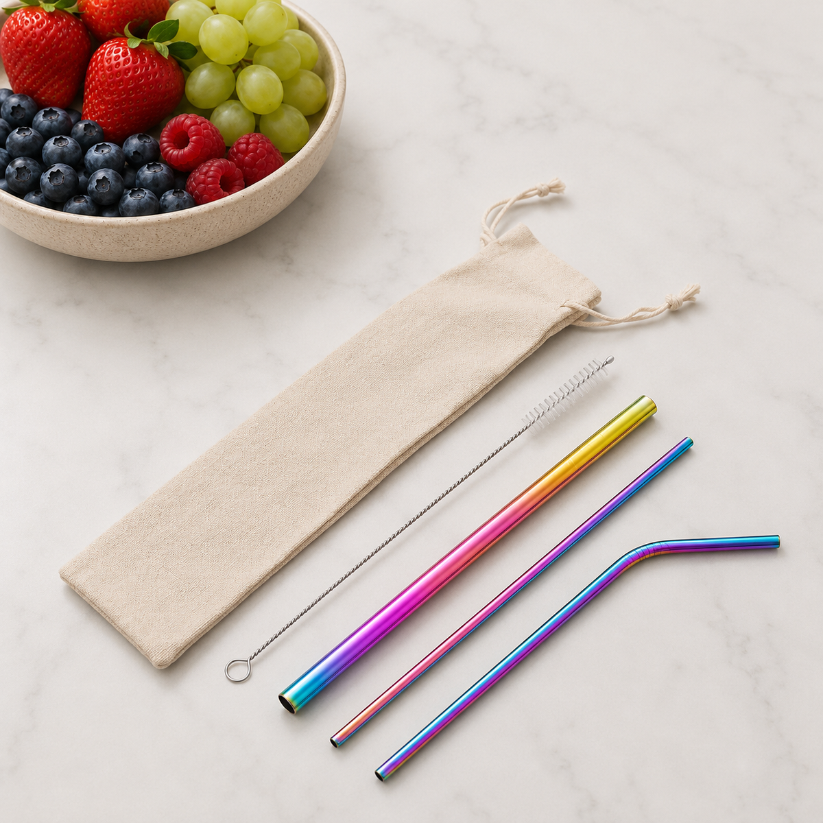 Rainbow reusable stainless steel straw set with multicoloured metallic finish, three straw styles, cleaning brush and pouch. From coffee and moo nz.