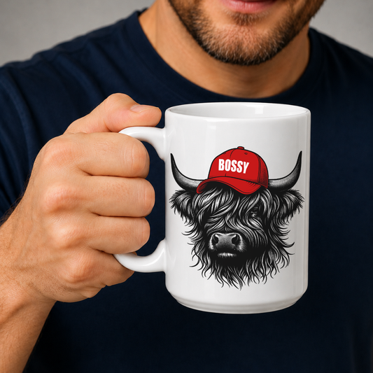 A person holding a white ceramic mug with a graphic of a shaggy black-and-white Highland cow wearing a red cap with the word 'BOSSY' in white, against a dark navy shirt and grey background. Grab your Bossy highland coo mug from Coffee and Moo NZ.