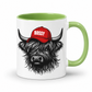 A white ceramic mug with a light green interior and handle, featuring a graphic of a shaggy Highland cow wearing a red baseball cap with the word 'BOSSY' in white letters. Grab your Bossy highland coo mug from Coffee and Moo NZ.