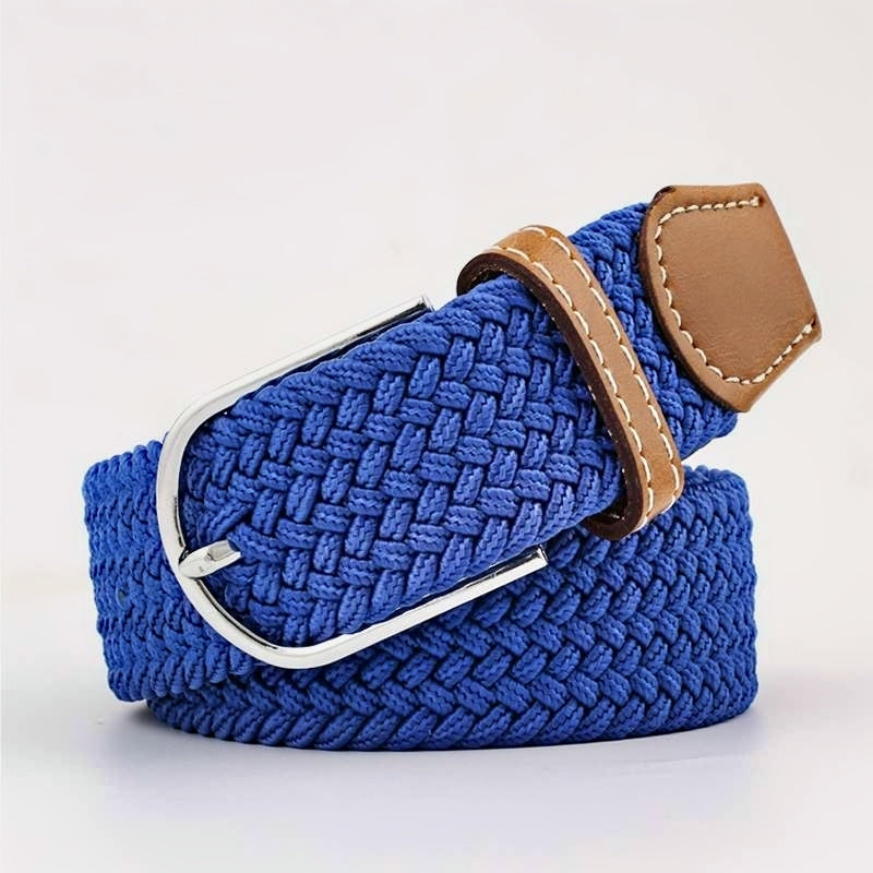 royal blue woven belt with a brown faux leather trim and silver buckle on a white background. Purchase from Coffee and Moo