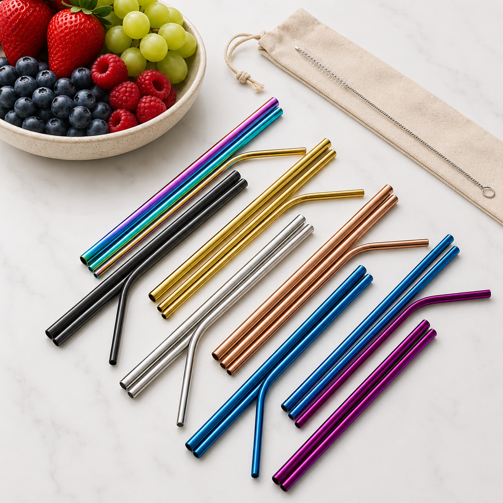 coloured reusable stainless steel straw set featuring three straws, cleaning brush and beige drawstring pouch. from Coffee and Moo NZ