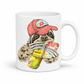 A white ceramic mug with a colorful illustration of a sloth wearing a coral coloured cap and holding a loaded-tea drink and a phone, set on a  white  background. Grab yours from Coffee and Moo NZ.