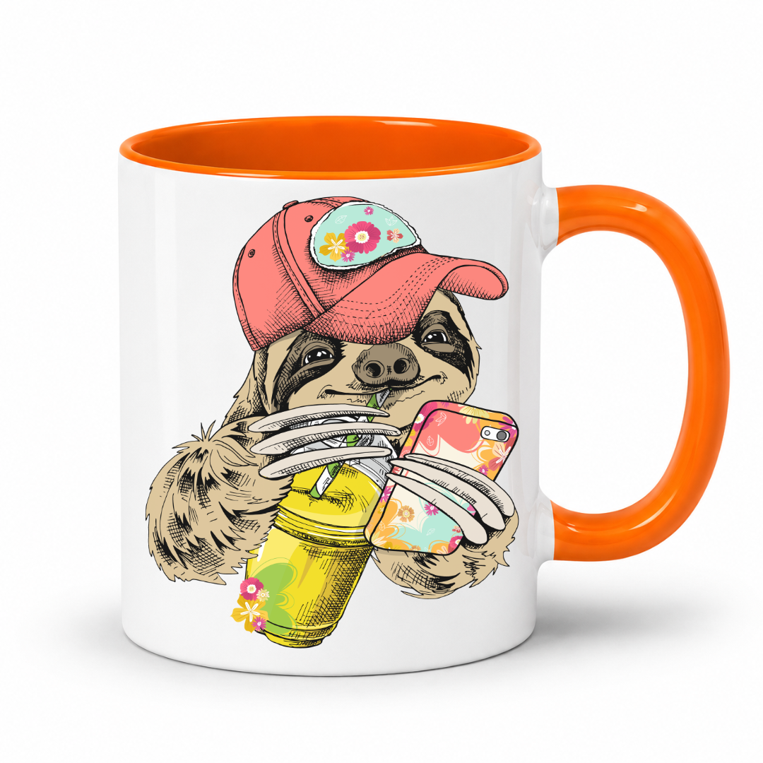 A white ceramic mug with a orange interior and orange handle, with a colorful illustration of a sloth wearing a coral coloured cap and holding a loaded-tea drink and a phone, set on a  white  background. Grab yours from Coffee and Moo NZ.