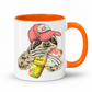 A white ceramic mug with a orange interior and orange handle, with a colorful illustration of a sloth wearing a coral coloured cap and holding a loaded-tea drink and a phone, set on a  white  background. Grab yours from Coffee and Moo NZ.