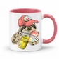 A white ceramic mug with a pink interior and pink handle, with a colorful illustration of a sloth wearing a coral coloured cap and holding a loaded-tea drink and a phone, set on a  white  background. Grab yours from Coffee and Moo NZ.
