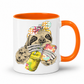 A white ceramic mug with a orange interior and orange handle, with a colorful illustration of a sloth wearing a polka dot bandana  and holding a loaded-tea drink and a phone, set on a  white  background. Grab yours from Coffee and Moo NZ.