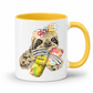 A white ceramic mug with a yellow interior and yellow handle, with a colorful illustration of a sloth wearing a polka dot bandana  and holding a loaded-tea drink and a phone, set on a  white  background. Grab yours from Coffee and Moo NZ.