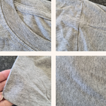 Four-panel close-up collage of a heather gray t-shirt fabric, showing the ribbed crew neck, shoulder seam, sleeve cuff, and main body texture.