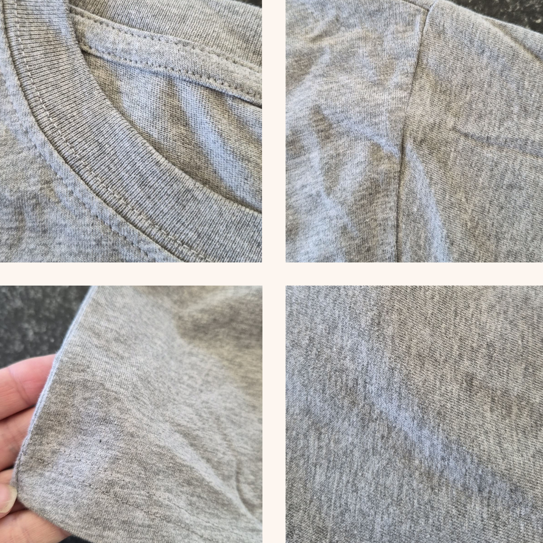 Four-panel close-up collage of a heather gray t-shirt fabric, showing the ribbed crew neck, shoulder seam, sleeve cuff, and main body texture.