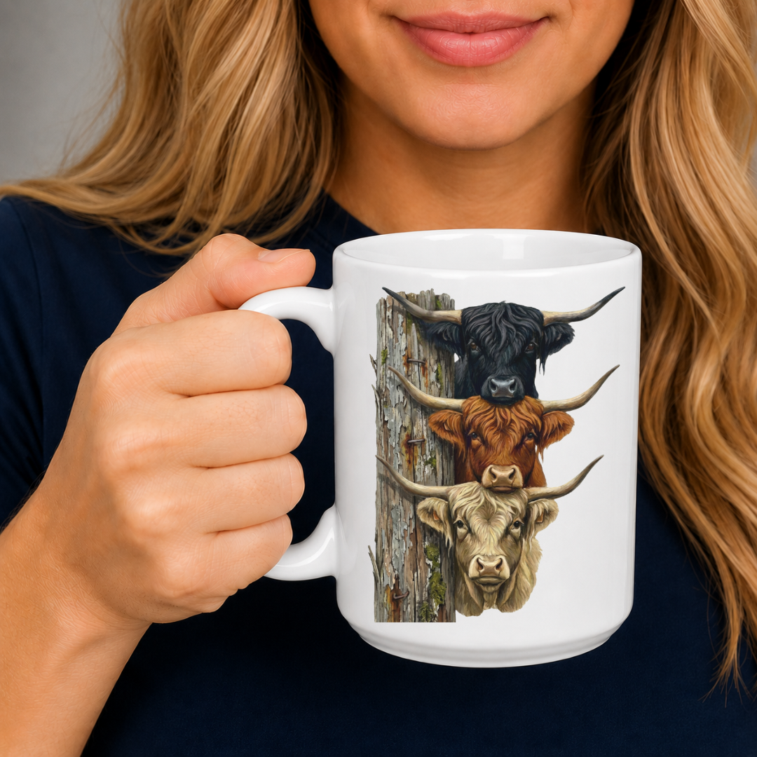 A woman holding a white ceramic mug with a graphic print of three stacked Highland cattle on a fence post, wearing a navy blue shirt.  From Coffee and Moo NZ