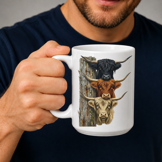 A person holding a white ceramic mug with a graphic print of three Highland cattle heads in black, brown, and beige tones against a farm post, wearing a dark navy t-shirt.  From Coffee and Moo NZ