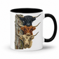 A white ceramic mug with a black interior and black handle, featuring a printed graphic of three Highland cattle heads stacked vertically next to a weathered wooden fence.  From Coffee and Moo NZ