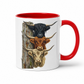 A white ceramic mug with a red interior and red handle, featuring a printed graphic of three Highland cattle heads stacked vertically next to a weathered wooden post.  From Coffee and Moo NZ
