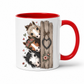 A white ceramic mug with a red interior, red handle, and a printed illustration of three horses peeking from behind a wooden fence with hearts and flowers. From Coffee and Moo
