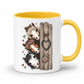 A white ceramic mug with a yellow interior and handle, featuring a printed illustration of three horses peeking from behind a rustic wooden fence with a heart-shaped ornament. From Coffee and Moo