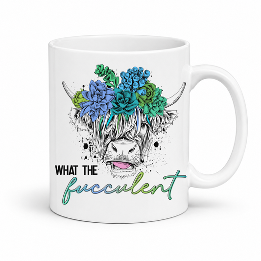 What the Fucculent Highland Cow Coffee Mug showing the full shaggy cow wearing a succulent crown design, from Coffee and Moo NZ.