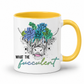 A white ceramic mug with a yellow interior and yellow handle, featuring a graphic of a Scottish highland cow wearing a blue and green succulent flower crown, with the text 'WHAT THE fucculent' printed below. from Coffee and Moo NZ.