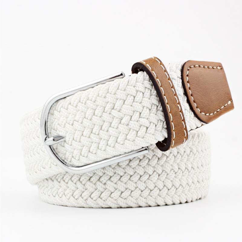 white woven belt with a brown faux leather trim and silver buckle on a white background. Purchase from Coffee and Moo
