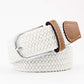 white woven belt with a brown faux leather trim and silver buckle on a white background. Purchase from Coffee and Moo